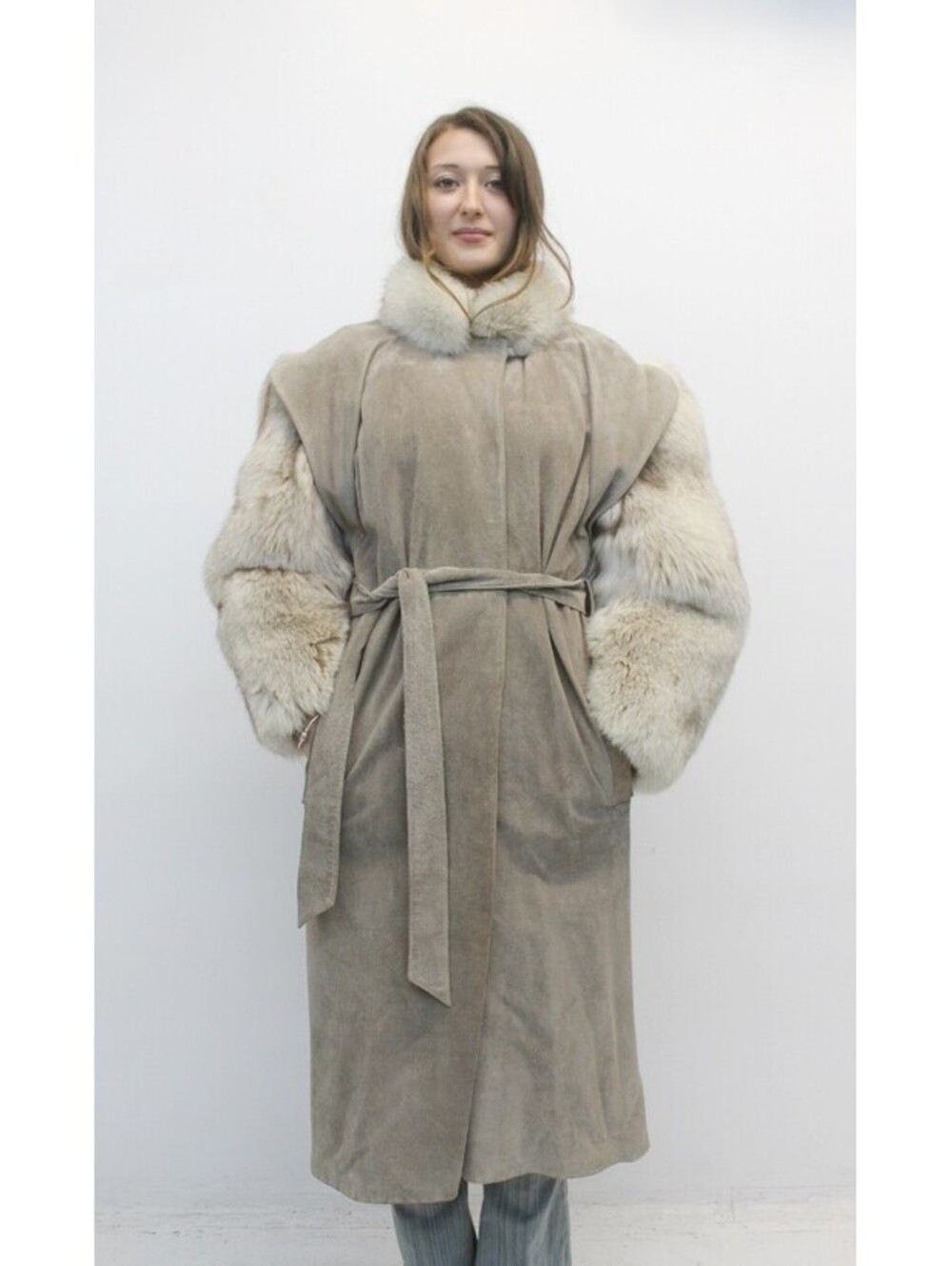 EXCELLENT BEIGE SUEDE & BLUE FOX FUR COAT JACKET WOMEN WOMAN SIZE 4 SMALL